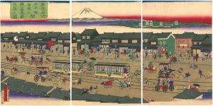 Koeisai / Famous VIews of Tokyo, Horse-drawn Carriages Run Between Kyobashi and Shinbashi [東京名所　日本橋京橋間鉄道馬車往復之図]