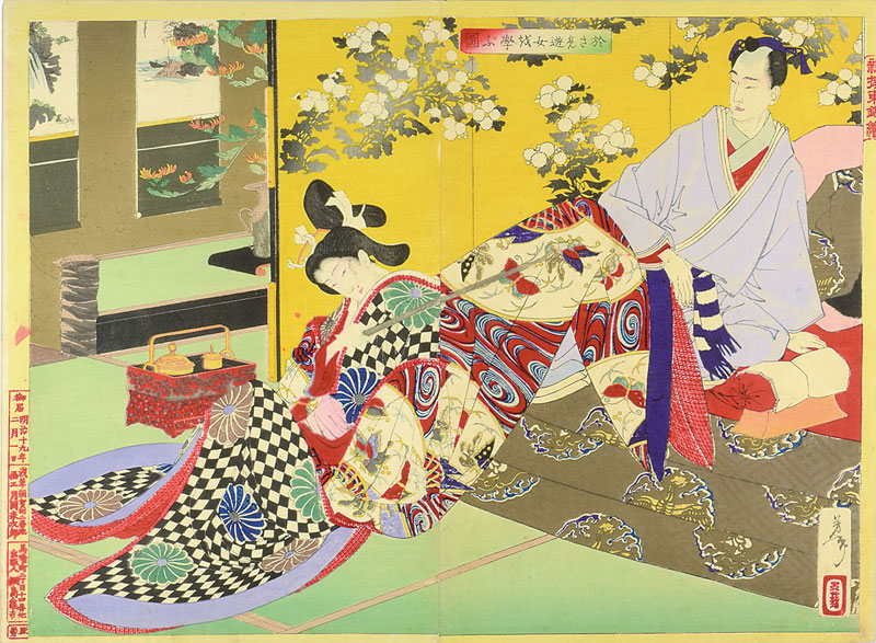 Yoshitoshi “A New Selection of Eastern Brocade Prints / The Shogun Tsunayoshi Teaches Osame to be a Courtesan”