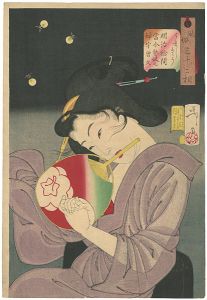 芳年「風俗三十二相　うれしさう　明治稔間　当今芸妓之婦宇曽久」