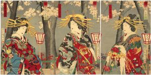 Kunichika /  Evening Cherry Blossoms; Flower Contest Among the Geisha Houses [花競廓の夜桜]