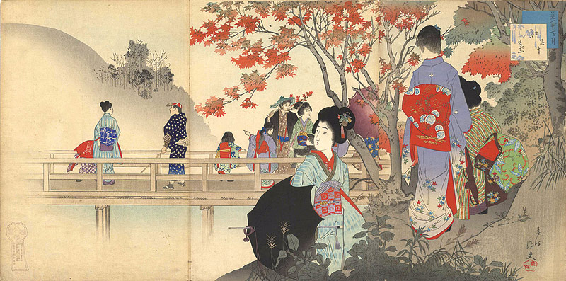 春汀「美人十二ヶ月　其十　紅葉」