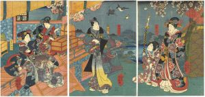 Kuniteru I / Genji-e : Kudamijo Does a Good Deed in Setting Her Birds Free [瞿陀弥女放生会を行ひて善根を施す図]