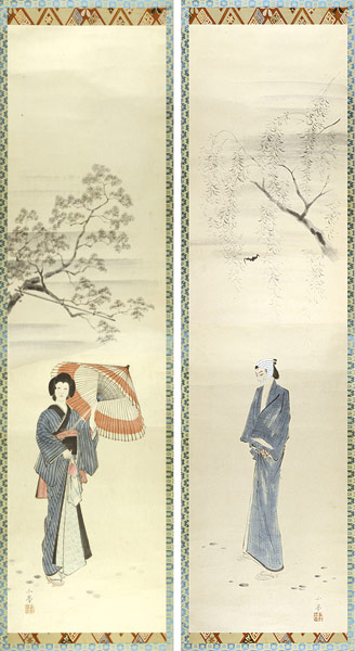 橘小夢「肉筆画幅　蝙蝠安とお富」