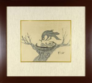 Painting : Mother Bird Feeding Her Babies
