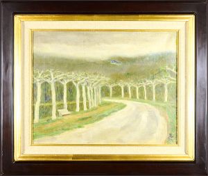 自筆画　並木のある道（中国風景）
