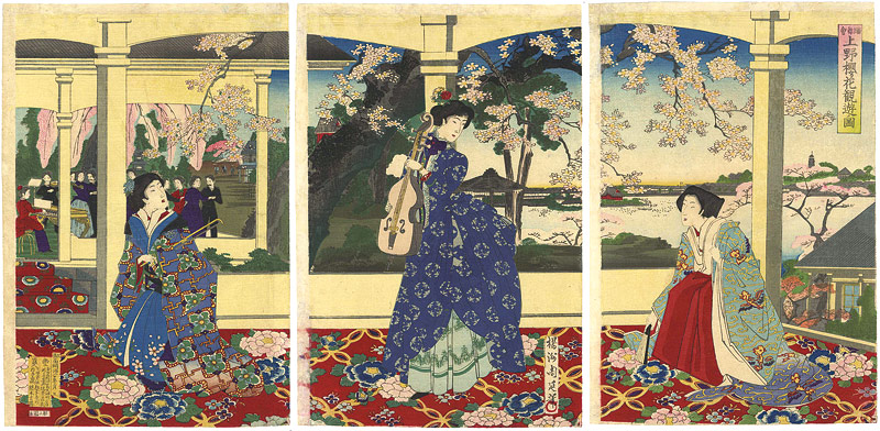 Chikanobu “Dance Party,  Enjoying Cherry Blossom Viewing at Ueno”