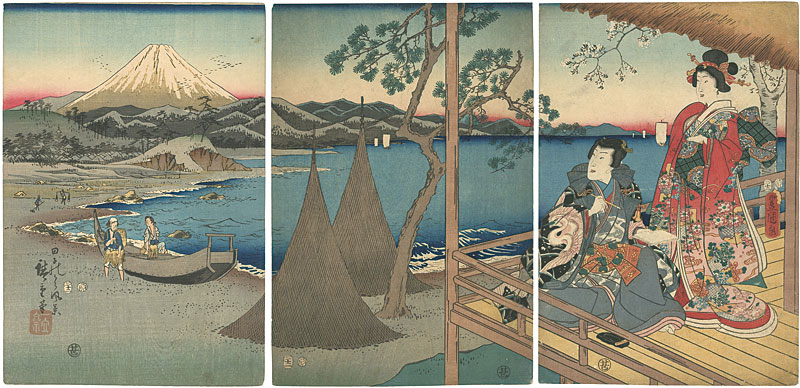 Hiroshige I / Toyokuni III “View of Tago Bay (Prince Genji and a Companion at Tago Bay)”