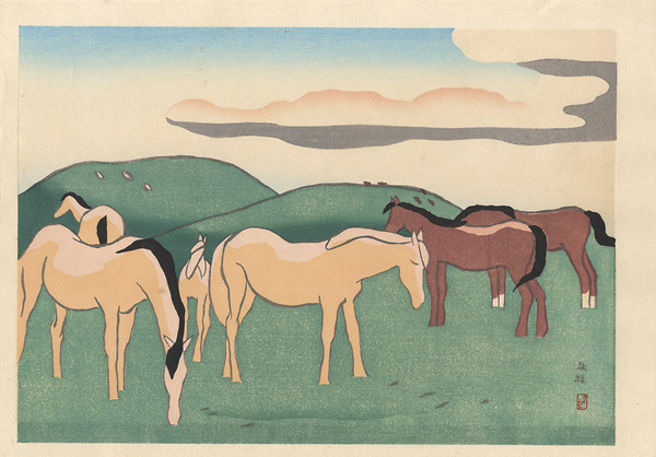 Sakamoto Hanjiro “5 Views of Mt. Aso / Horses in Pasture”