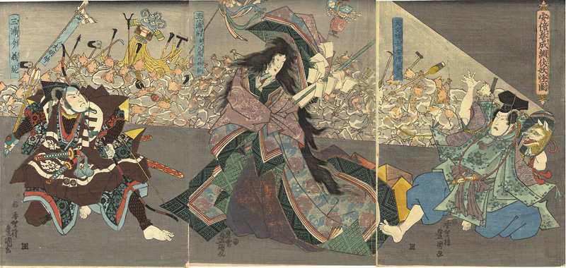 Toyokuni III “Abe no Yasunari Uses a Mirror to Reveal Tamamo no Mae's True Form as a Nine-tailed Fox”