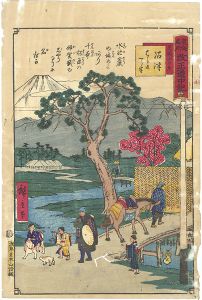 Hiroshige III / Tokai Meisho Kaisei Gojusan-eki Kaisei Dochu-ki / #14 Numazu [東海名所改正五十三駅　改正道中記　十四　沼津　足柄山の景　はら迄一り半]