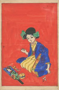 自筆画　少女と羽子板