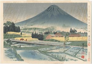 徳力富吉郎「冨士三十六景　裾野狩場の雨」
