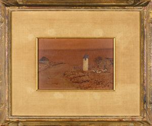 川上澄生「焼絵　サイロのある風景」