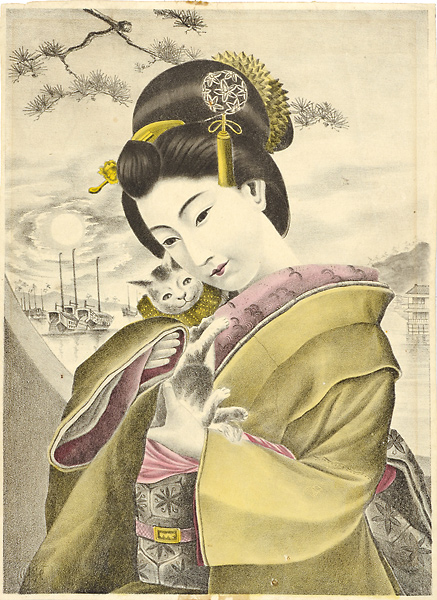 作者不詳「猫抱く美人（仮題）」