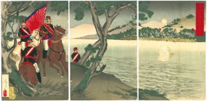 日清戦争　我軍大同江を隔て清軍砲塁築造を見望の圖