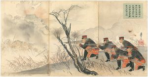 Gessan / n the vicinity of the South Gate of Dingzhou commissioned officer scouts of our cavalry faced heavy enemy fire, and engaged in valiant struggle and savage fighting. Finally overcoming resistance they occupied Dingzhou [我騎兵隊ノ将校斥候定州南門附近ニ於テ頑強ナル敵之砲火ニ應ジ勇闘猛戦竟ニ之ヲ撃退定州ヲ占領ス]