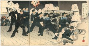 Toshihide / Lieutenant Commander Yamanaka, Chief Gunner of Our Ship Fuji, Fights Fiercely in the Naval Battle at the Entrance to Port Arthur [旅順口の海戦に我冨士艦砲術長山中少佐奮戦之図]