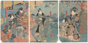 Kuniteru I / Genji-e : Kudamijo Does a Good Deed in Setting Her Birds Free [瞿陀弥女放生会を行ひて善根を施す図]