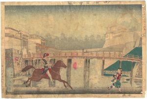 Kiyochika / Pictures of Famous Places in Tokyo / Mounted infantry in front of Niju-bashi Bridge [東京名所図　二重橋前乗馬兵]