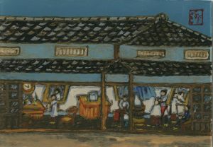 川上澄生「自筆ガラス絵　床屋之図」