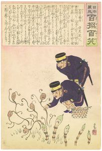 清親「日本万歳 百撰百笑　小京の摘草　骨皮道人」