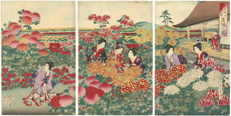 Chikanobu “Events in Edo Throughout the Year on Gold-speckled Paper / Scenes from a Chrysanthemum Festival”