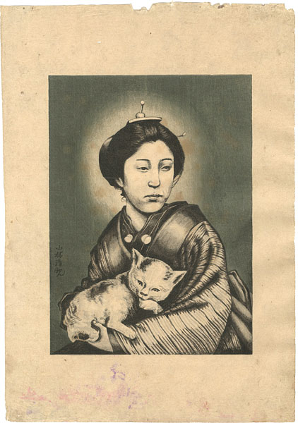 Kiyochika “Woman holding a Cat(tentative title)”