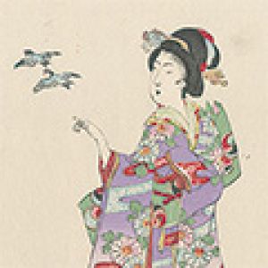 周延「婦人風俗　鳥を放つ（仮題）」