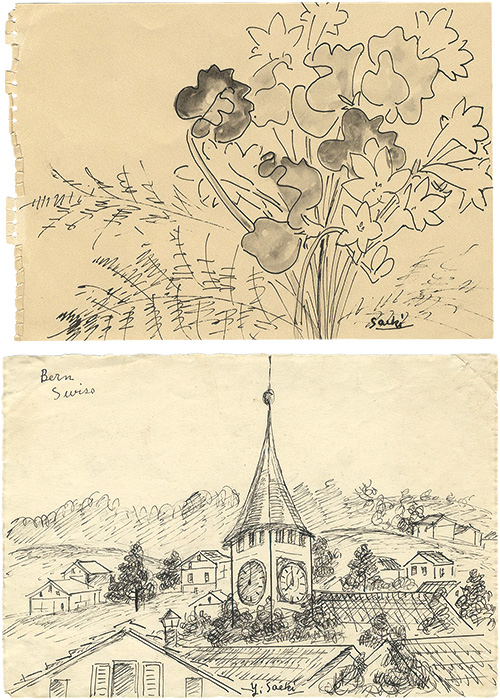 佐伯米子「自筆画稿　ベルン　スイス／花」