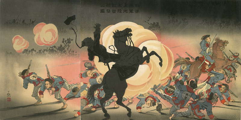 清親「我第二軍金州上陸敵営砲撃之図」