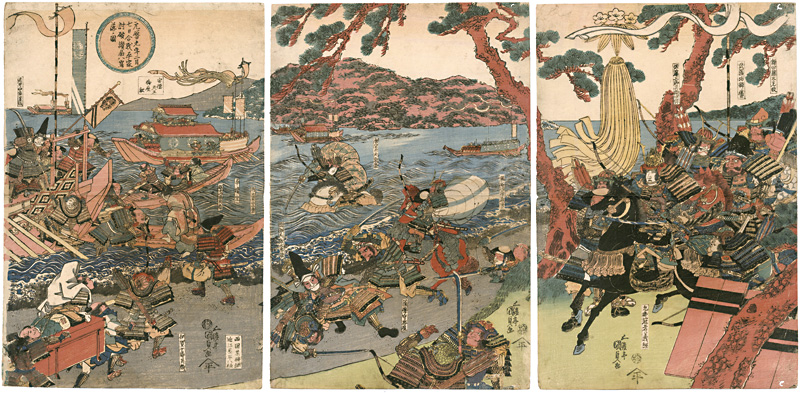 Kunisada I “In the Battle of the Seventh Day of the Second Month, 1184, the Heike Clan Are Defeated and Flee to Yashima in Sanuki Province”