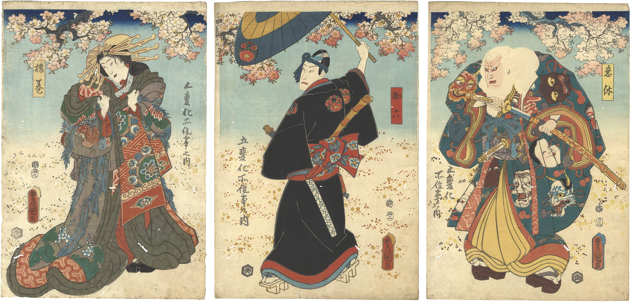 Toyokuni III “Dance of Five Changes / Ikyu, Sukeroku and Agemaki”