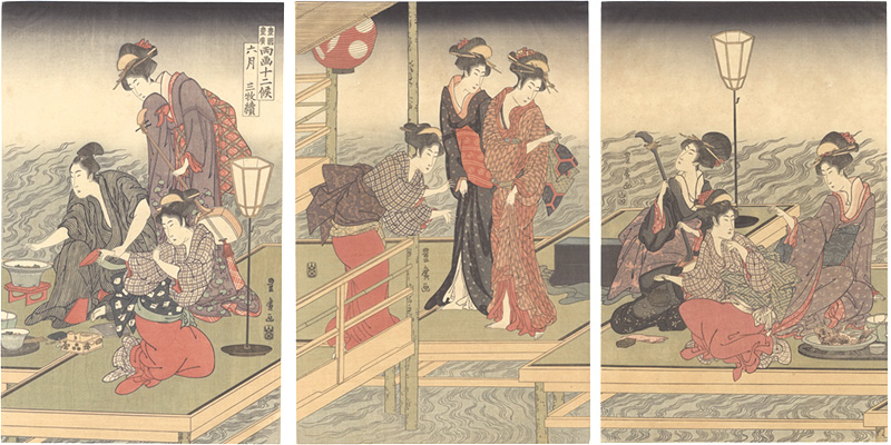 豊広「豊広豊国両画十二候　六月 三枚続【復刻版】」