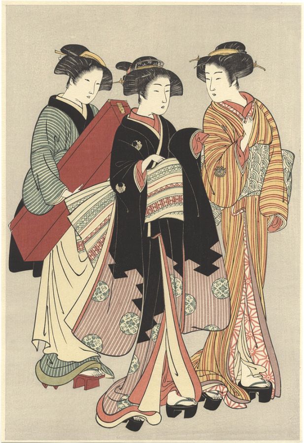 重政「二人芸者と箱持ち【復刻版】」