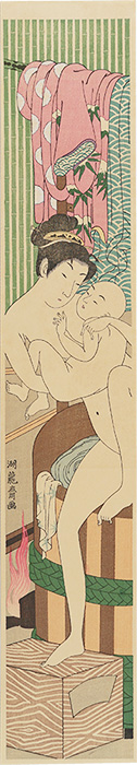 Koryusai “Woman with Baby Climbing out of Bathtub【Reproduction】”