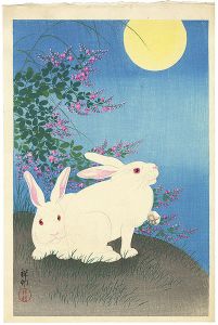 Ohara Koson(Shoson) / Rabbits and Bush Clover under the Full Moon