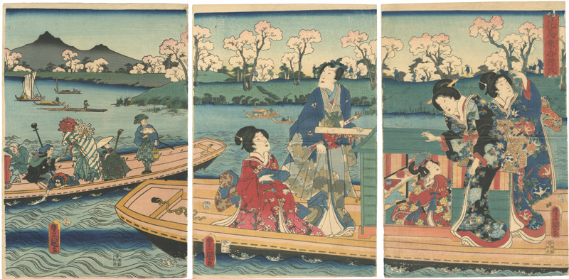 Toyokuni III “Flowers and Birds: Genji and His Companions Sharing a Boat ”