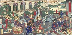 Yoshiiku / Outside of the Kinoene-ya Public Bath in Fukagawa [深川甲子屋 浴室外掛図]