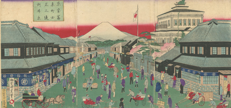Kunimasa IV “Famous Places in Tokyo / Distant View of Mount Fuji from Mitsui, Muromachi”