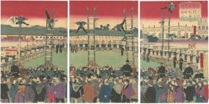 Hiroshige III / Famous Places in Tokyo / New Year Event of Firefighters [東京名所内　火消組出初階子乗之図]