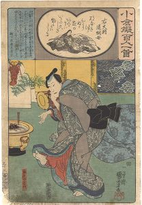 Kuniyoshi / Ogura Imitations of One Hundred Poems by One Hundred Poets / Poem by Fujiwara no Michitsuna no Haha: Fujiya Izaemon [小倉擬百人一首　右大将道綱母]