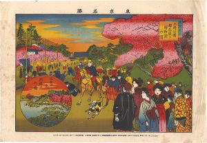 Tsunajima Kamekichi / Famous Places in Tokyo / Cherry Blossoms in Full Bloom at the Museum of Ueno Park and Benten Shrine in Shinobazu Pond [東京名勝　上野公園桜花盛り博物館の図 不忍の池弁財天の図]