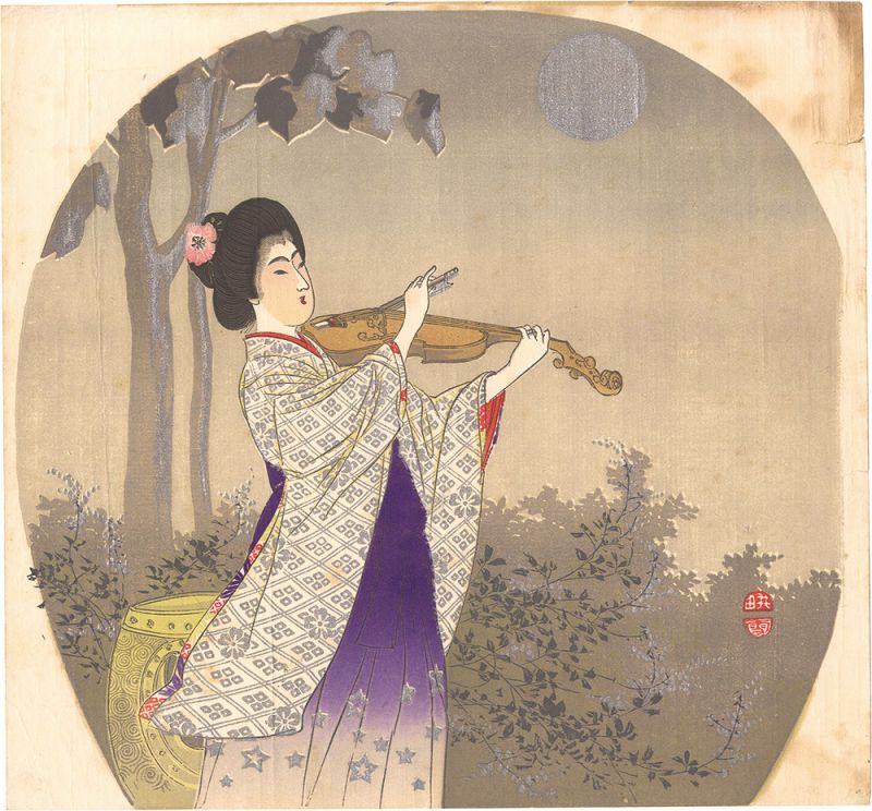 Sakata Kosetsu “Uchiwa-e: Woman Playing the Violin”