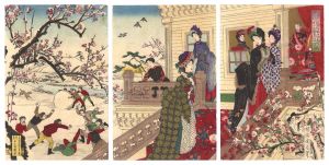 Chikanobu / Children Playing in the Snow under Plum Trees in Bloom [雪中梅荘群児遊戯図]