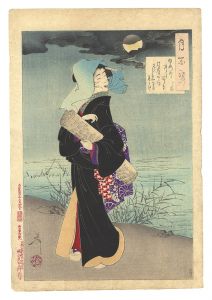 Yoshitoshi / One Hundred Aspects of the Moon / Hitotose [月百姿　田毎ある中にもつらき辻君のかほさらしなや運の月かけ 一とせ]