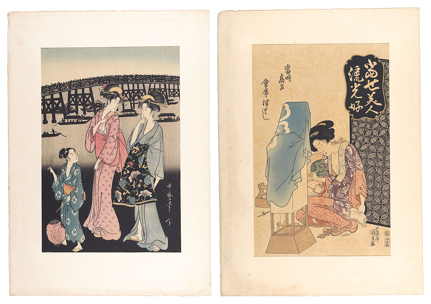 Kunisada I, Utamaro “Japanese-style lamp and Courtesan / Ryogoku Fireworks 【Reproduction】”