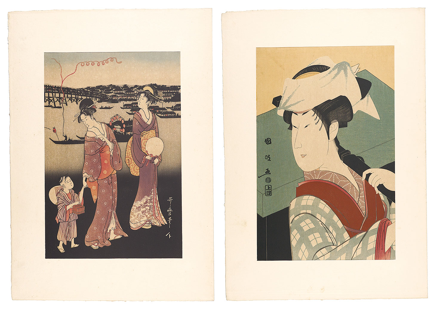 Kunimasa, Utamaro “Nakamura-Noshio, a Kabuki Actor on the Stage  / IIlumination at Ryogoku,Part 2（set in 3)  【Reproduction】”