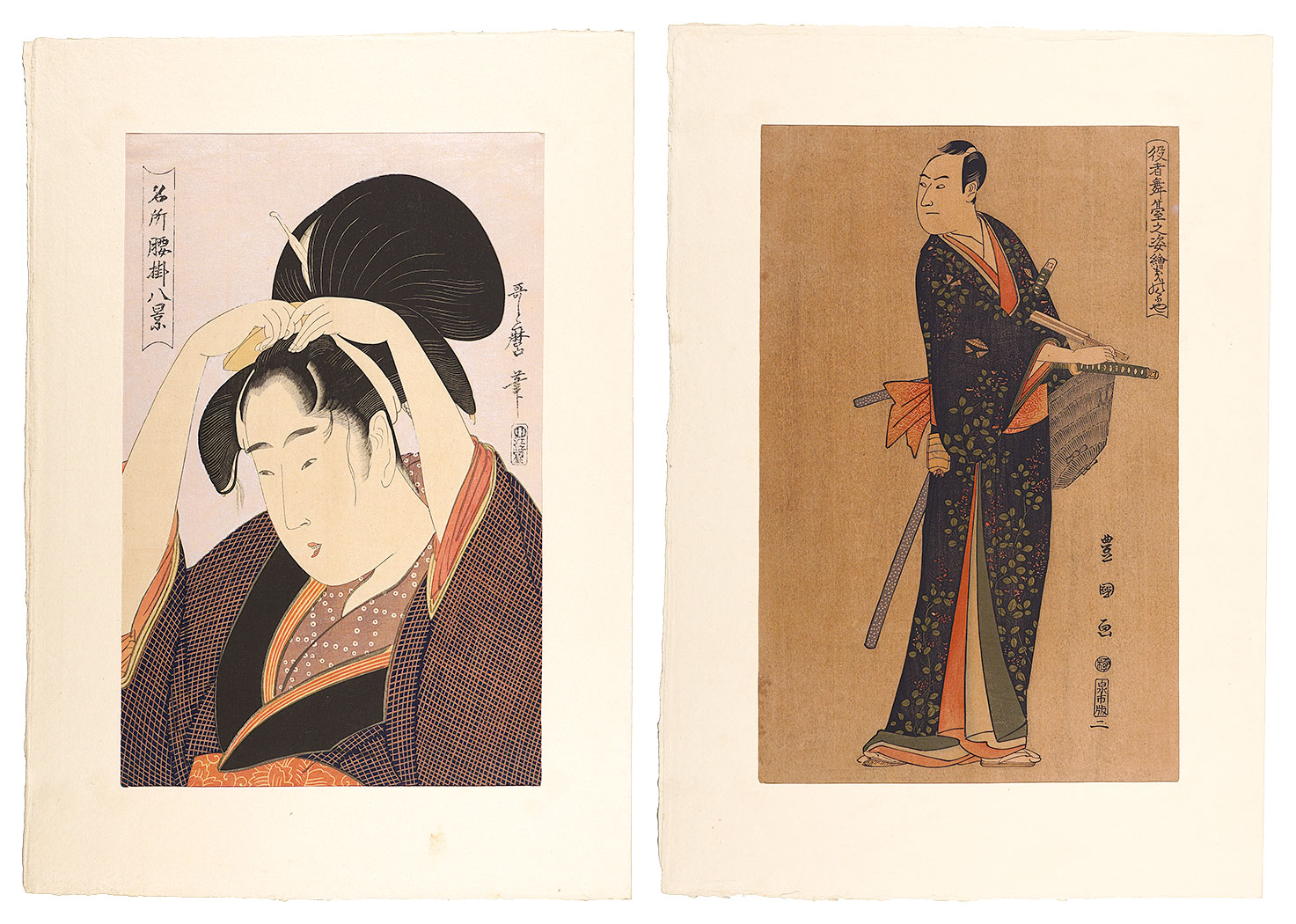 Utamaro, Toyokuni I “Beauty with Comb, from the series ''Eight Views of Famous Tea-stalls in Celebrated Places"  / The Actor Sawamura Sôjûrô 3rd (Kinokuniya)”