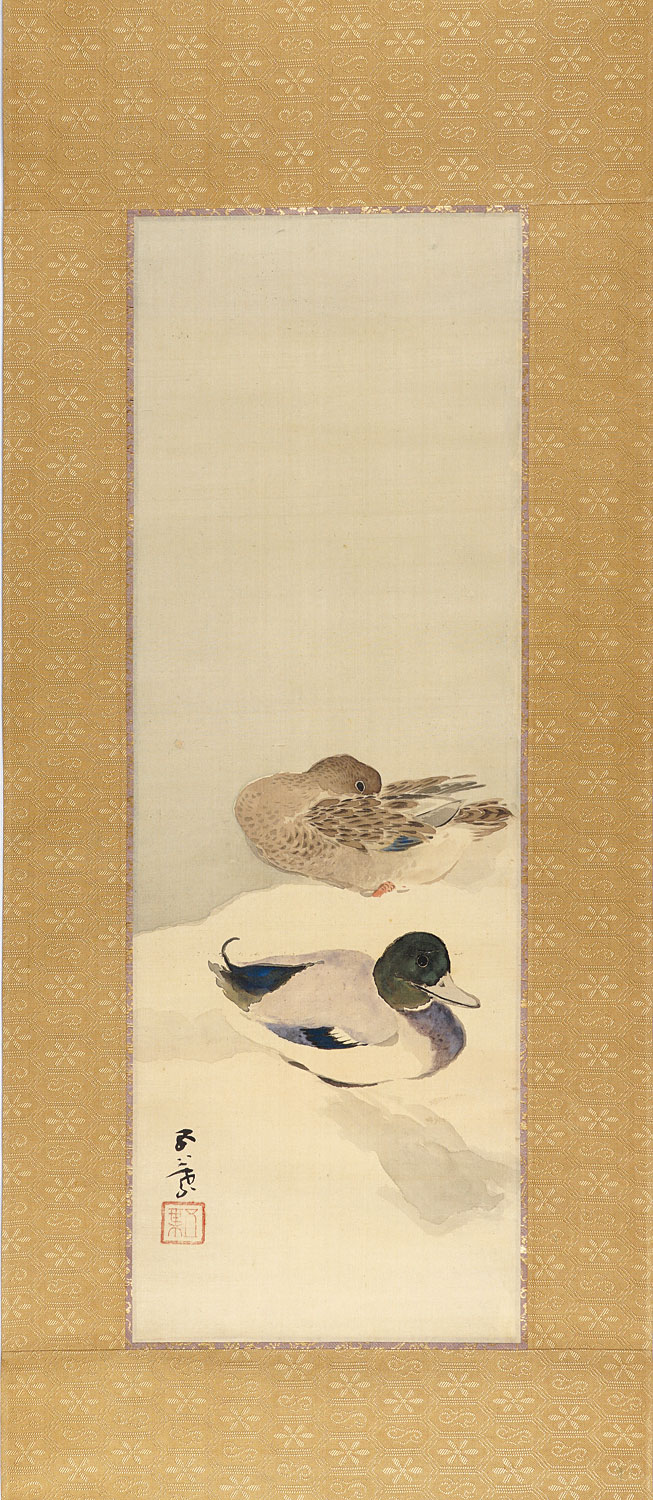 Hashiguchi Goyo “Mallard Ducks on Snowy Bank”
