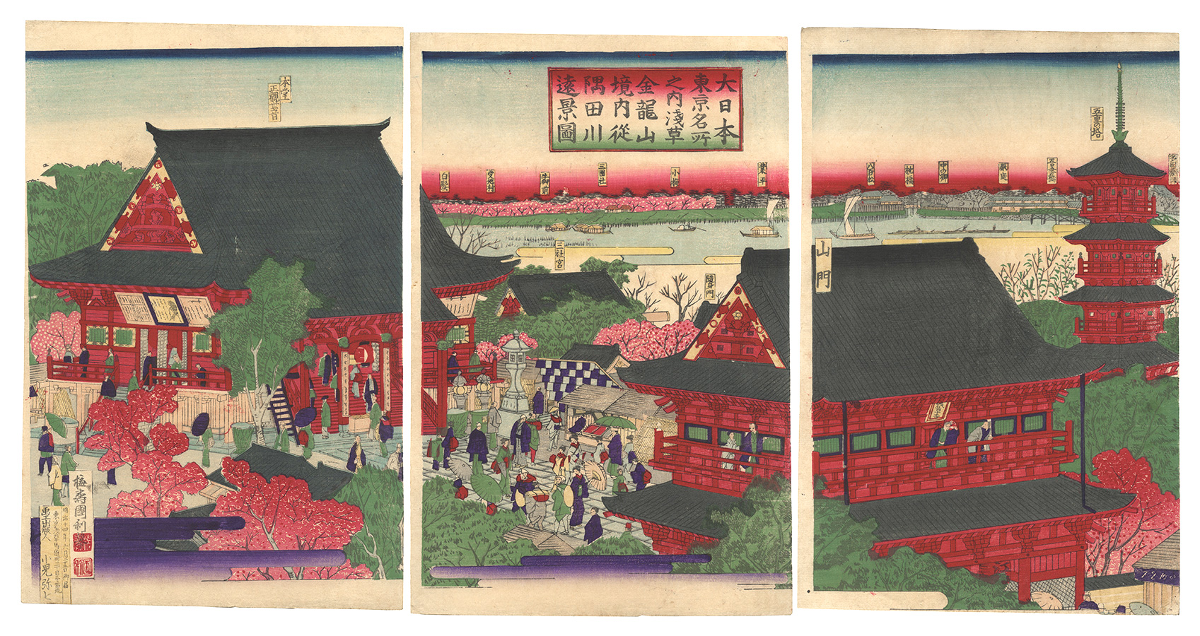 Kunitoshi “Famous Places of Tokyo in Great Japan / Distant View of Sumida River from the Precincts of the Kinryuzan Temple in Asakusa”